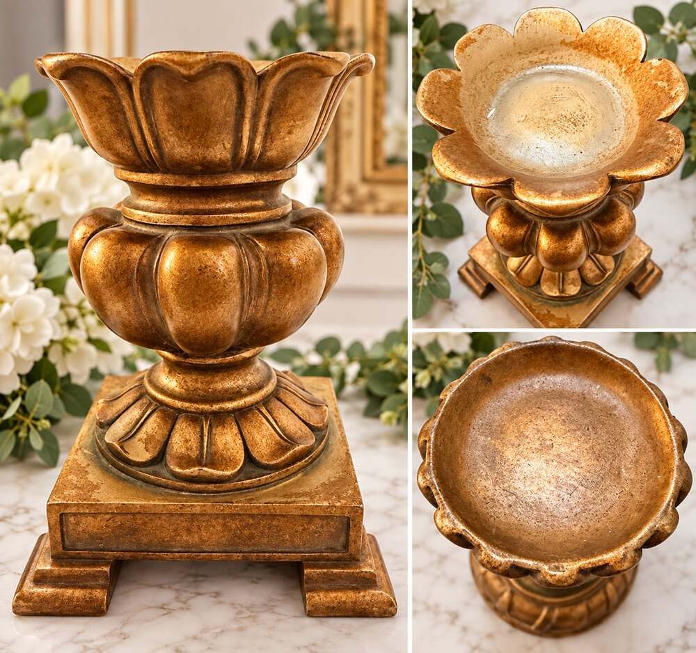 Vintage Distressed Gold Finish Pedestal Urn Planter / Candle Holder
